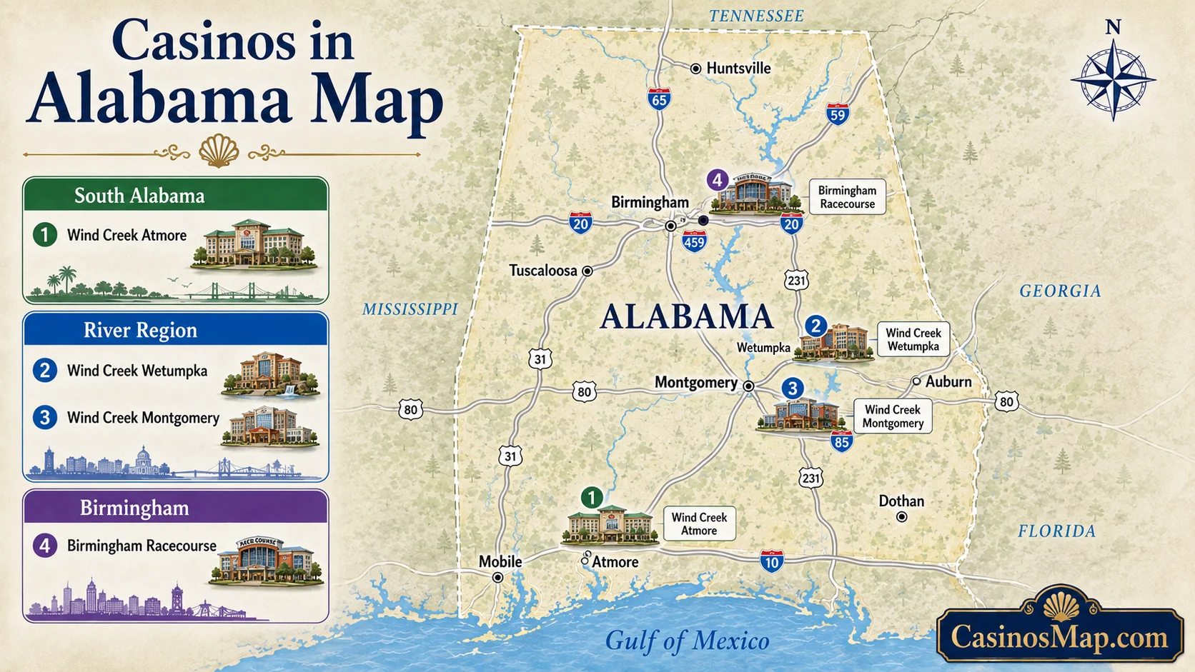 Stylized illustrated map of Alabama showing the Wind Creek casinos near Atmore in the south and around Montgomery in the center, with the Birmingham racecourse to the north, not to scale.
