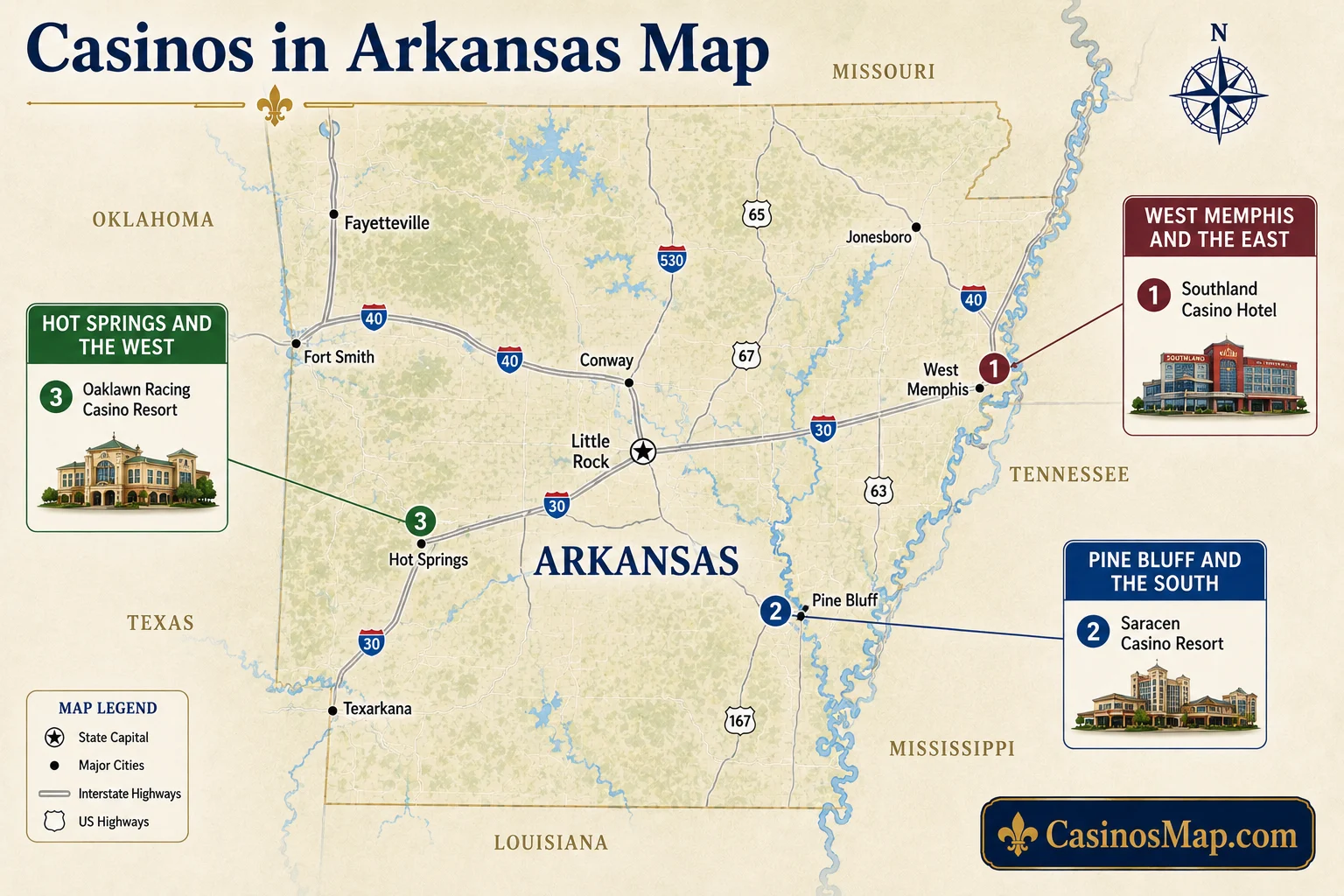Stylized illustrated map of Arkansas showing its three casinos at West Memphis in the east, Pine Bluff in the south, and Hot Springs in the west, not to scale.