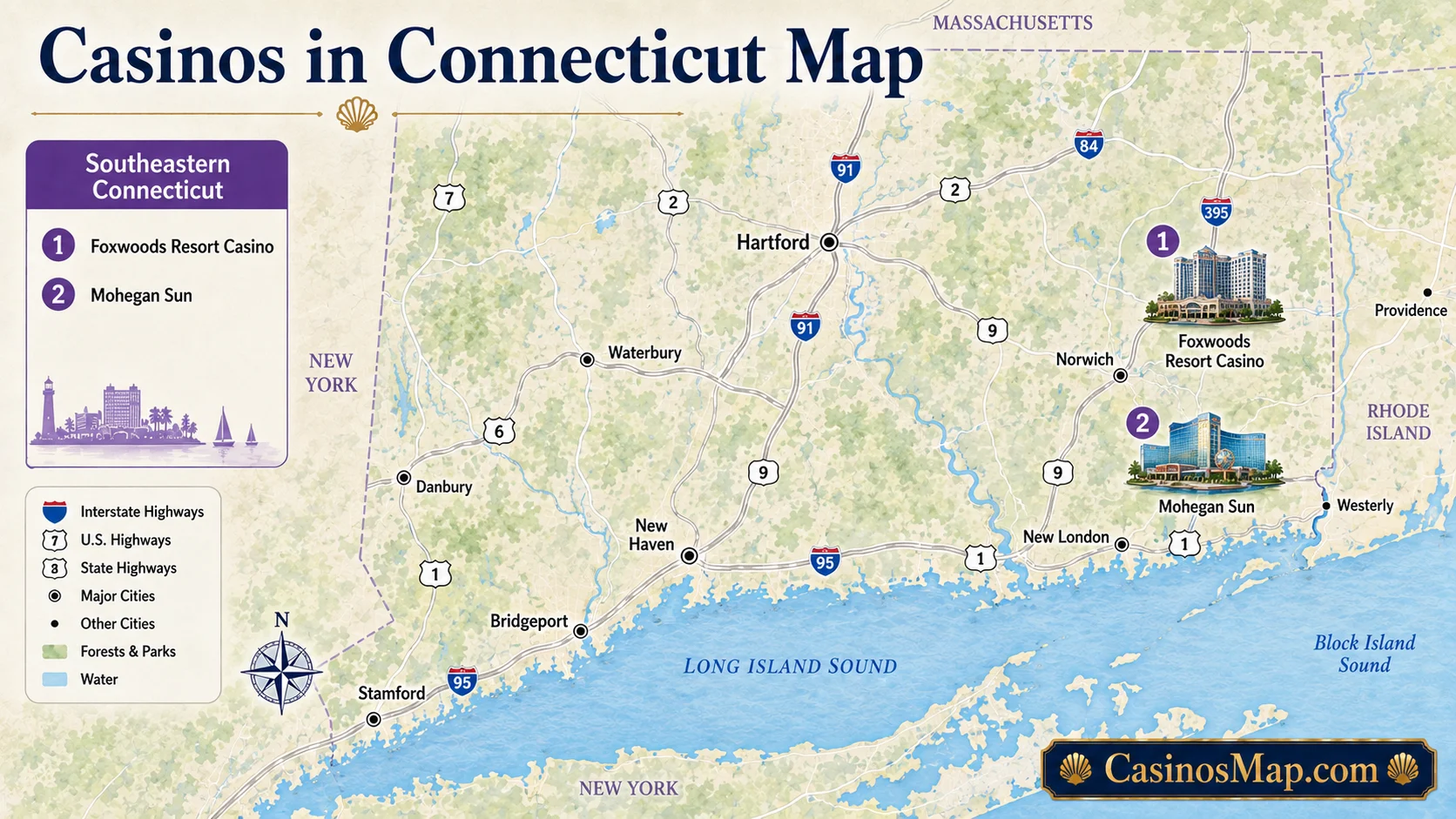 Stylized illustrated map of Connecticut showing its two casinos clustered in the southeast near Norwich, not to scale.