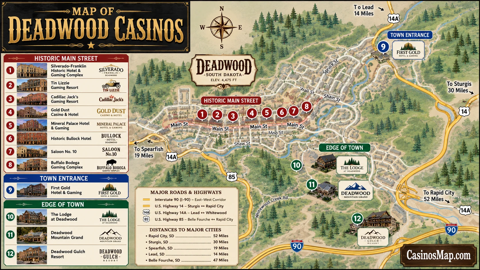 Stylized illustrated map of Deadwood showing casinos lining historic Main Street through the Black Hills gulch, not to scale.