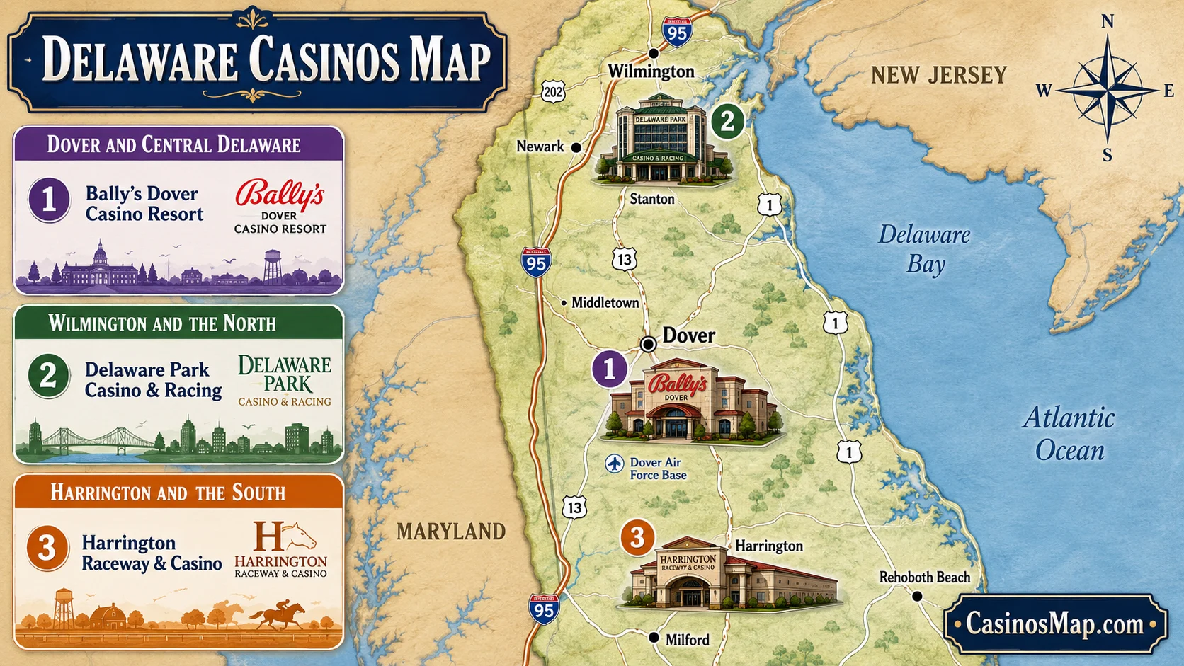 Stylized illustrated map of Delaware showing its three racinos lined up north to south at Wilmington, Dover, and Harrington, not to scale.