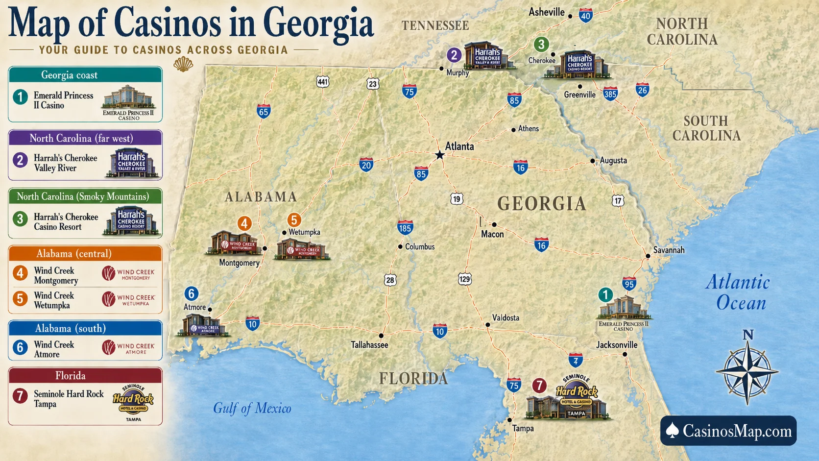 Stylized illustrated map of Georgia showing no casinos inside the state, with the nearest casinos marked across the North Carolina, Alabama, and Florida lines, not to scale.