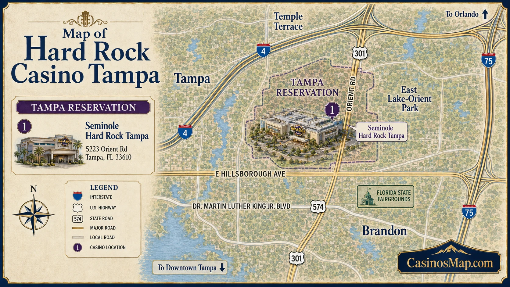 Stylized illustrated map of the Seminole Hard Rock in Tampa, Florida showing the casino, hotel towers, and reservation off Interstate 4, not to scale.