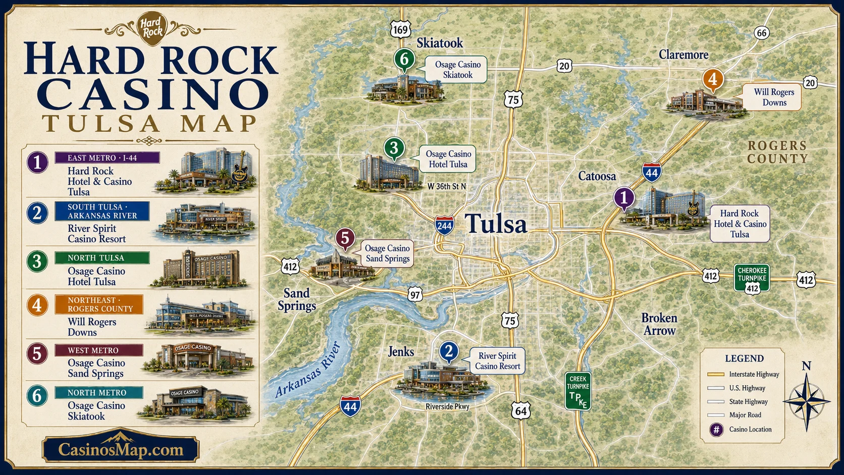 Stylized illustrated map of the Tulsa, Oklahoma area showing the Hard Rock at Catoosa, River Spirit, and the Osage casinos around the metro, not to scale.