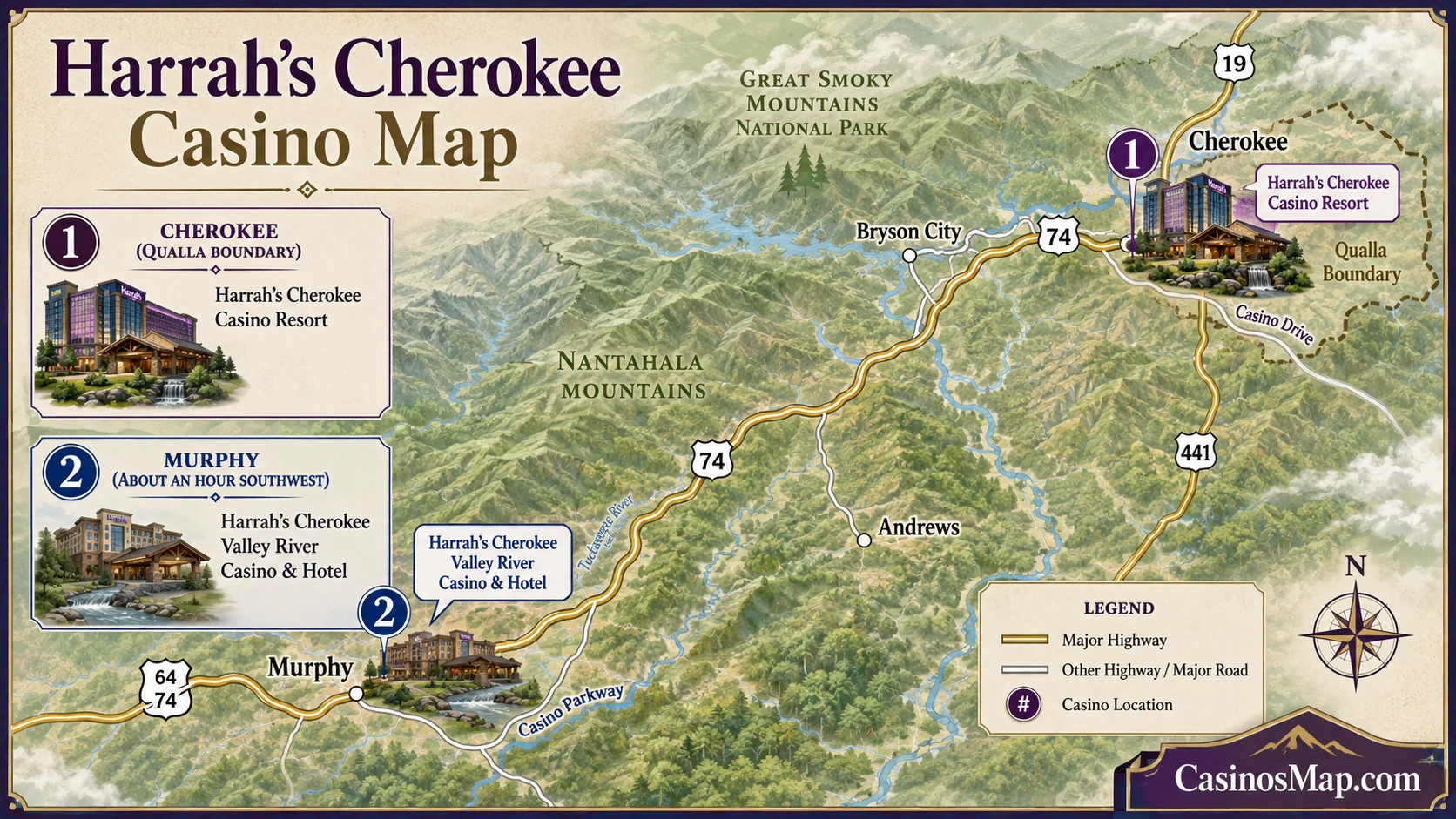 Stylized illustrated map of Cherokee, North Carolina showing Harrah's Cherokee Casino Resort beside the Oconaluftee River at the Smoky Mountains entrance, not to scale.