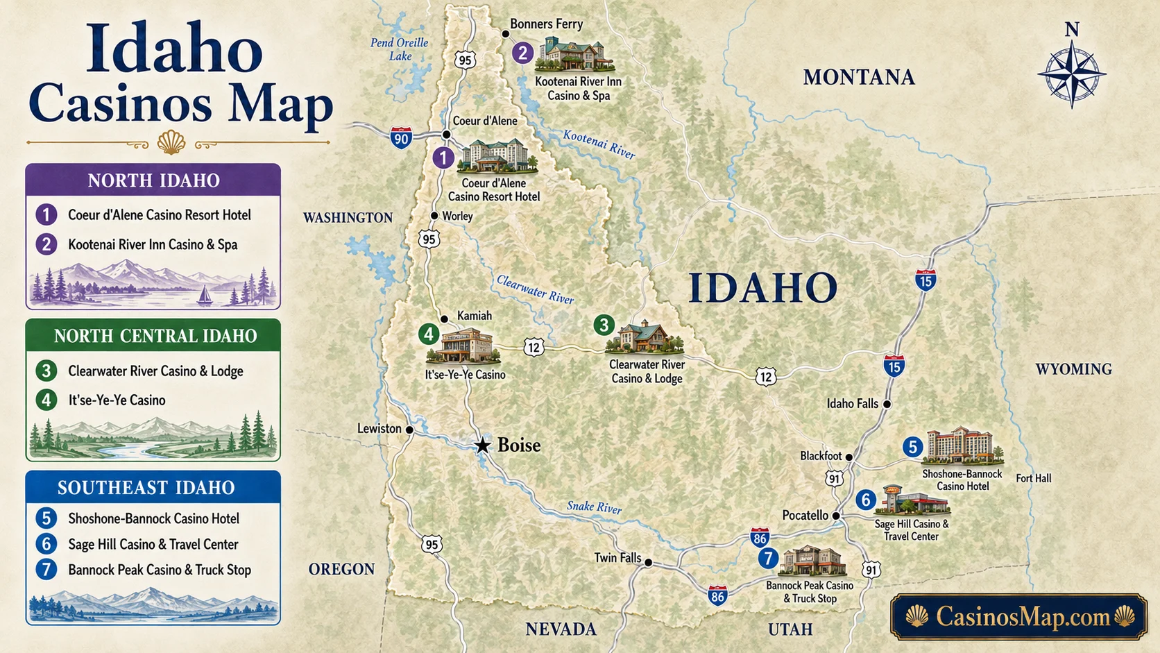 Stylized illustrated map of Idaho showing tribal casinos in the northern Panhandle, the north central valleys near Lewiston, and the southeast near Fort Hall, not to scale.