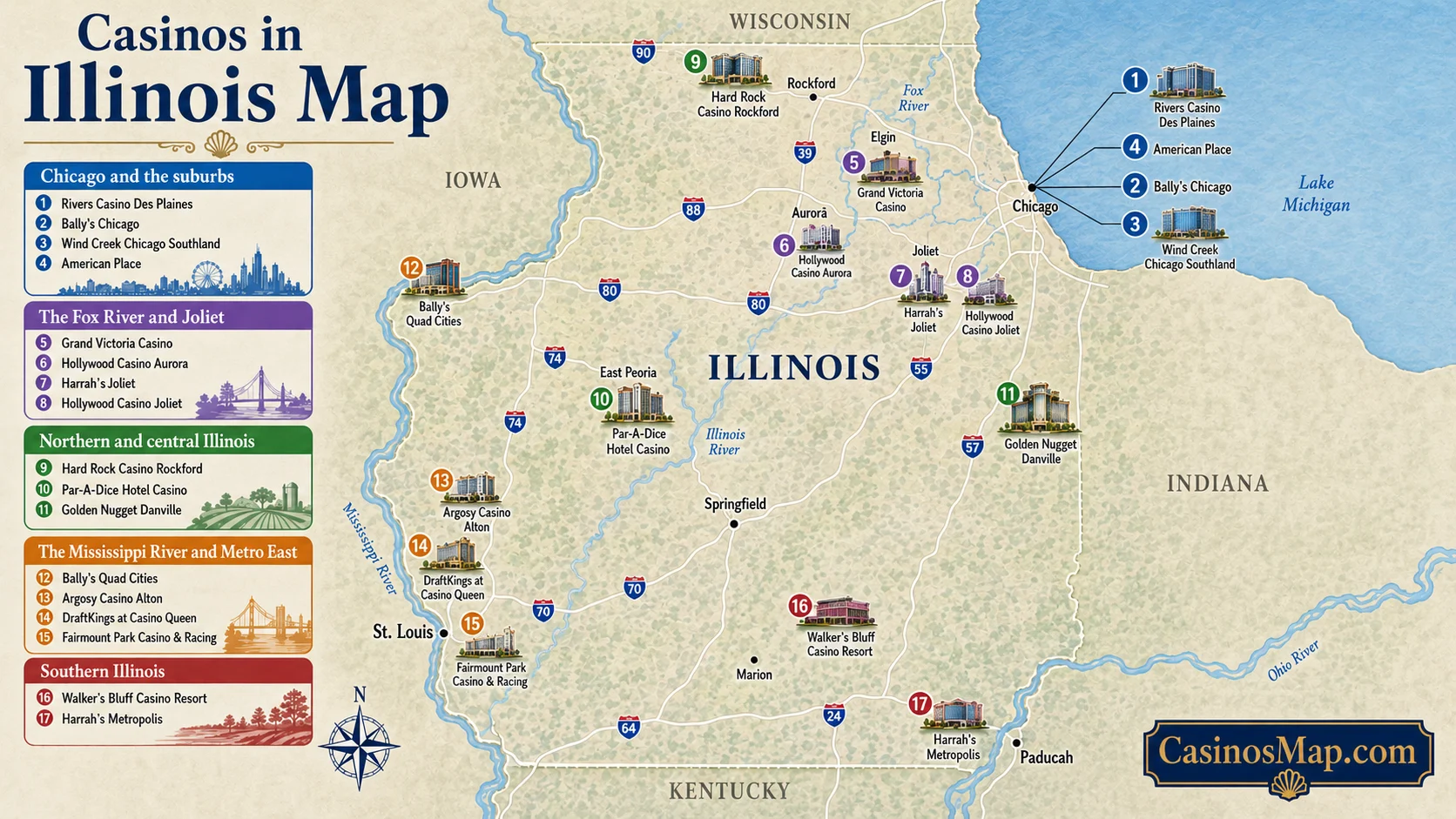 Stylized illustrated map of Illinois showing casinos clustered around Chicago, in the Metro East near St. Louis, and scattered downstate, not to scale.