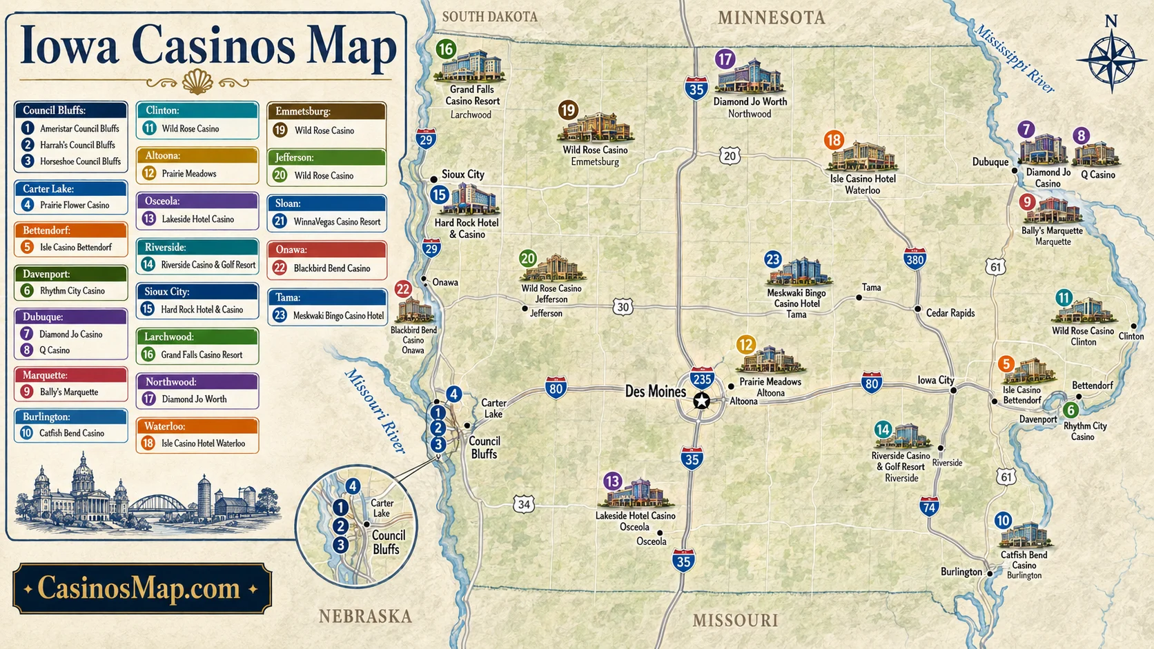 Stylized illustrated map of Iowa showing casinos clustered at Council Bluffs, along the Mississippi, and around Des Moines, not to scale.