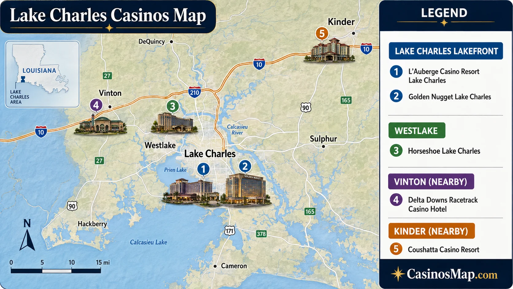 Stylized illustrated map of the Lake Charles area showing the lakefront resorts and the nearby Vinton and Kinder casinos, not to scale.