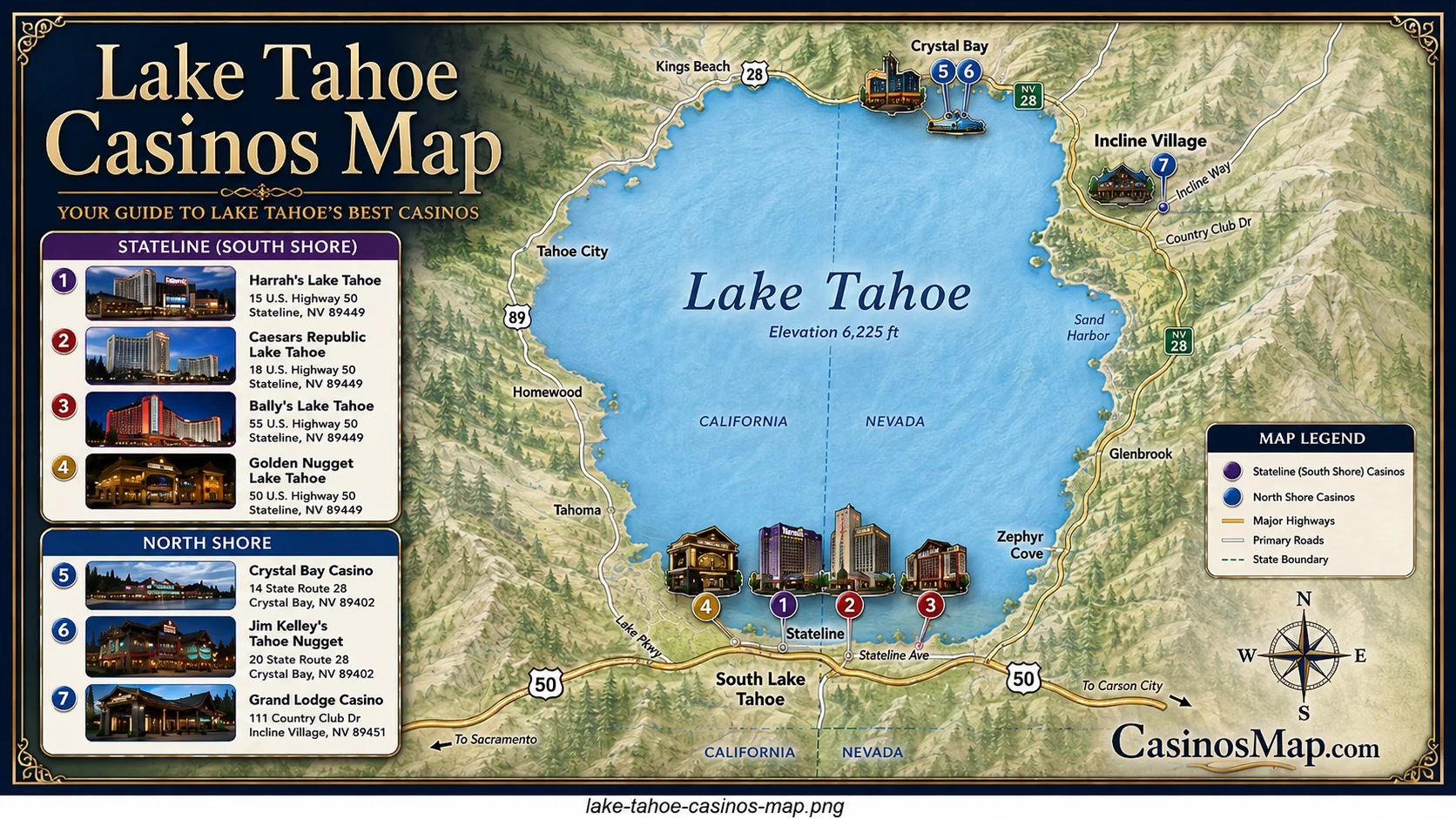 Stylized illustrated map of Lake Tahoe casinos clustered at Stateline on the south shore with smaller floors on the north shore, all on the Nevada side, not to scale.