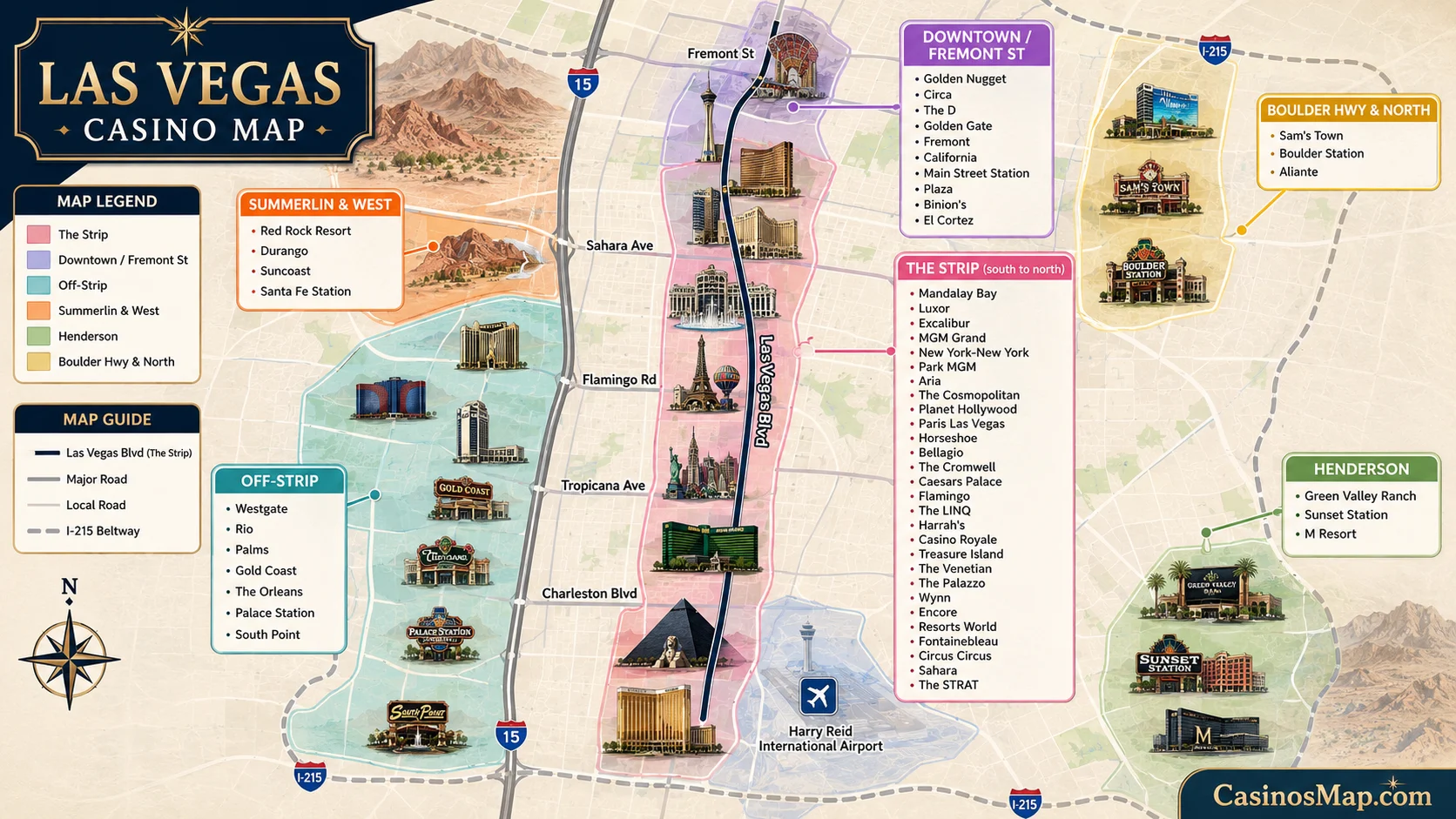Illustrated Las Vegas casino map showing the Strip, downtown Fremont Street, and the off Strip and locals casinos by area.