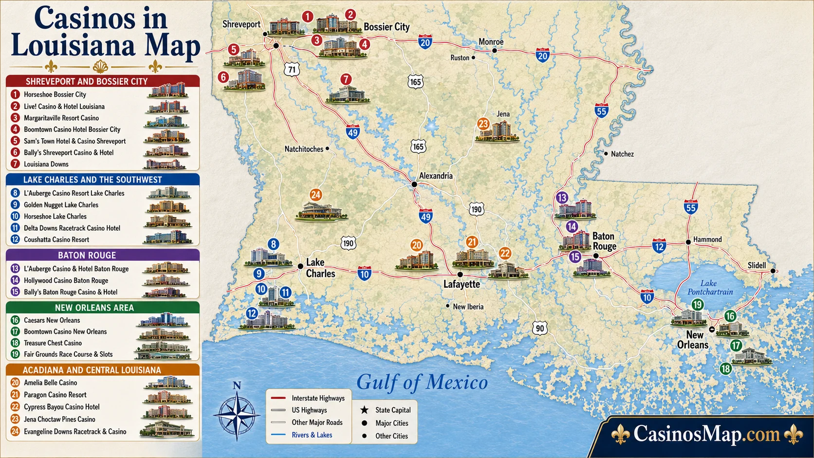 Stylized illustrated map of Louisiana showing casino clusters at Shreveport and Bossier City, Lake Charles, Baton Rouge, and New Orleans, not to scale.