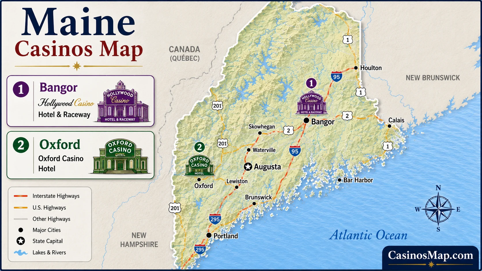 Stylized illustrated map of Maine showing its two casinos, Hollywood in Bangor and Oxford in the west, not to scale.
