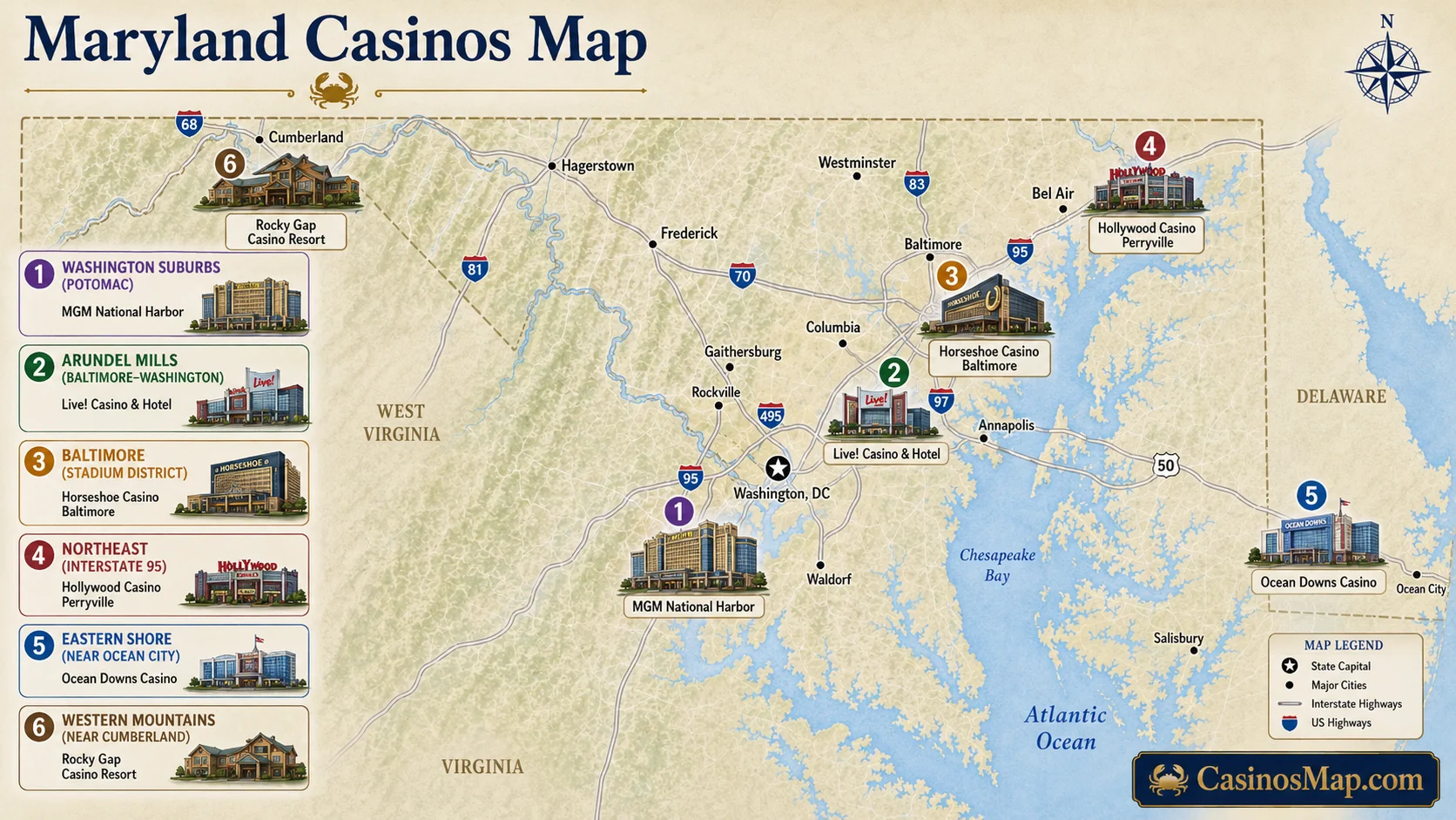 Stylized illustrated map of Maryland showing the six casinos from MGM National Harbor near Washington to Rocky Gap in the western mountains, not to scale.