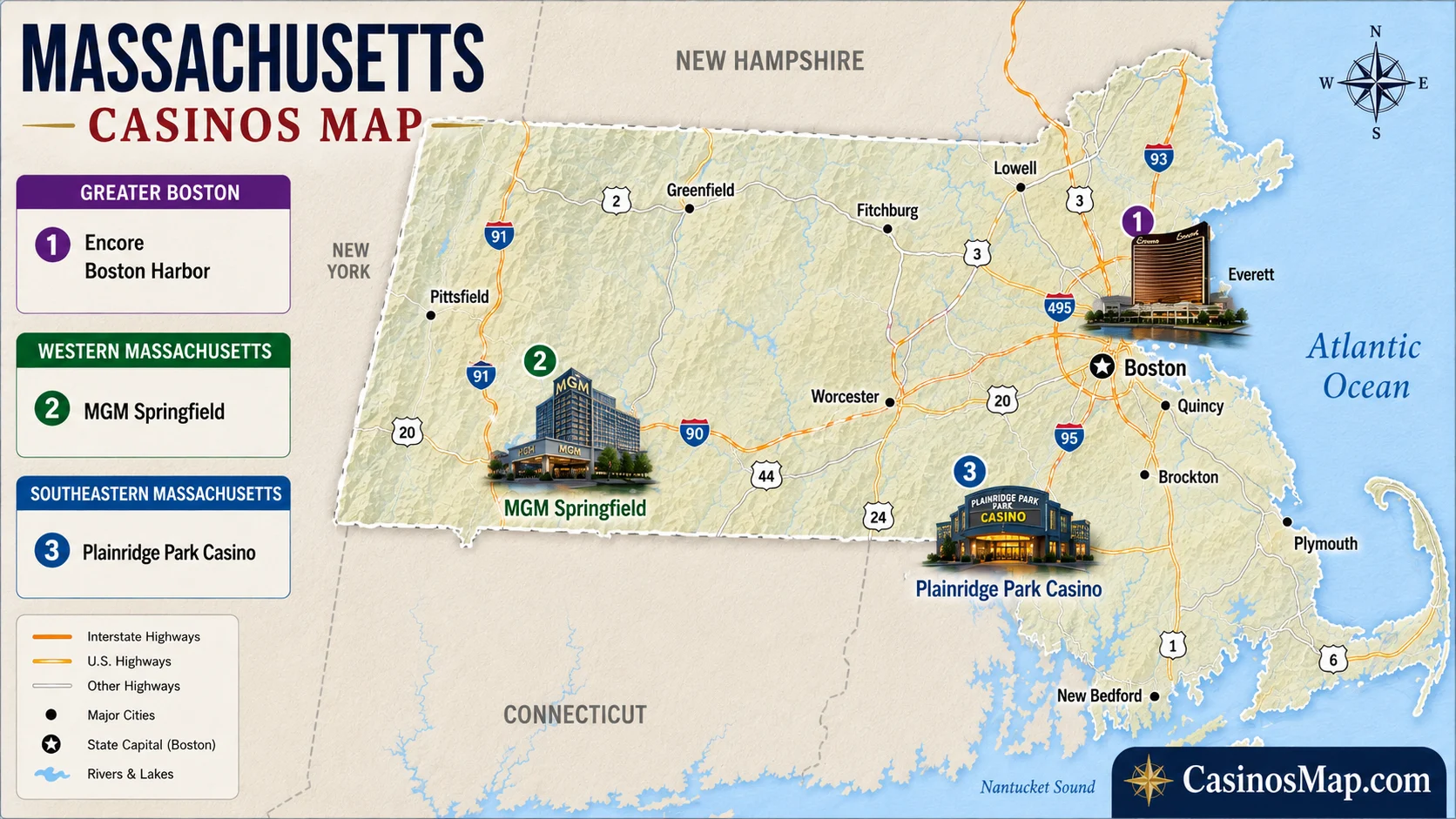 Stylized illustrated map of Massachusetts showing its three casinos near Boston, in Springfield, and in the southeast, not to scale.