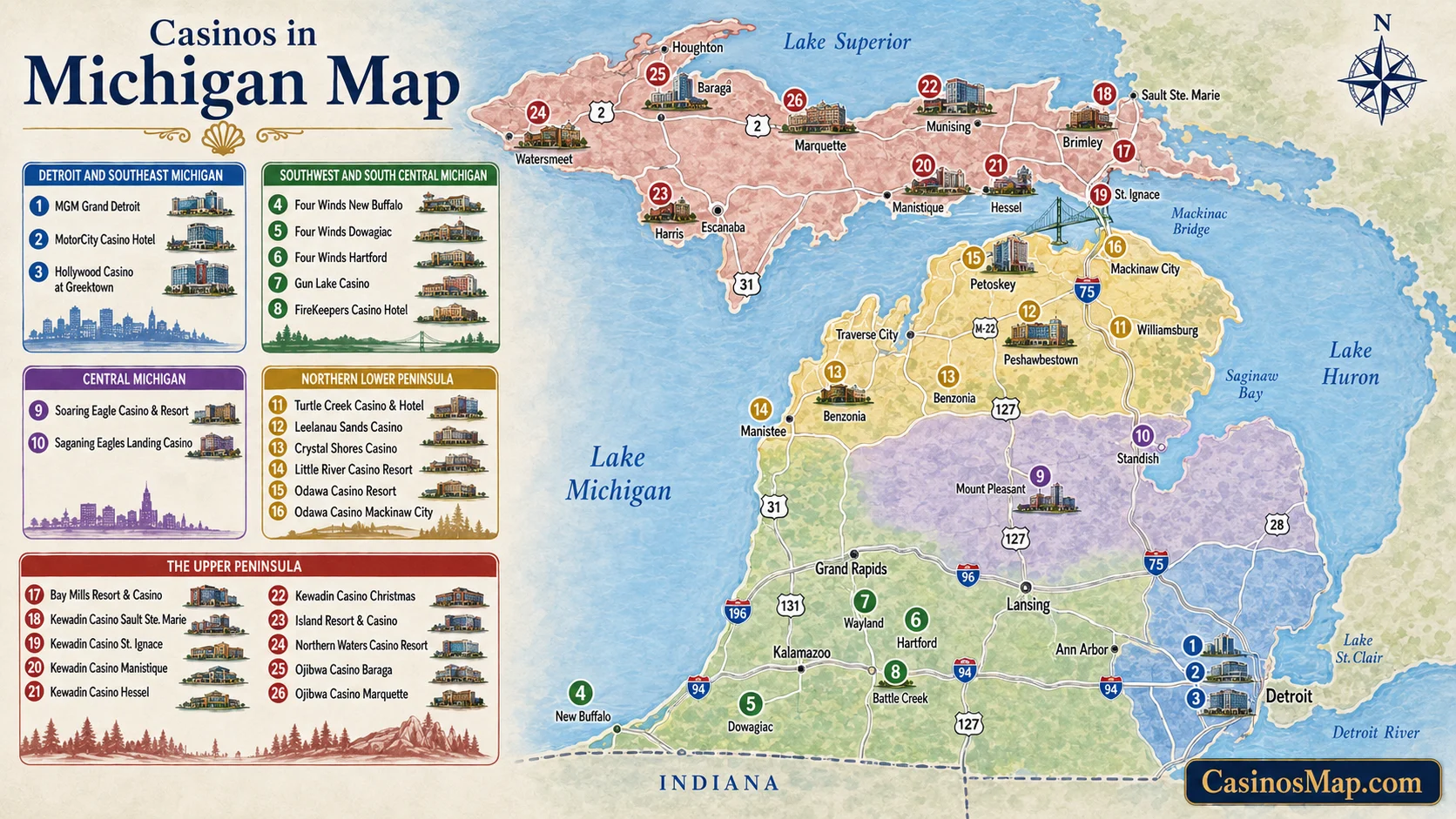 Stylized illustrated map of Michigan showing three casinos in Detroit and tribal casinos across the northern Lower Peninsula and the Upper Peninsula, not to scale.