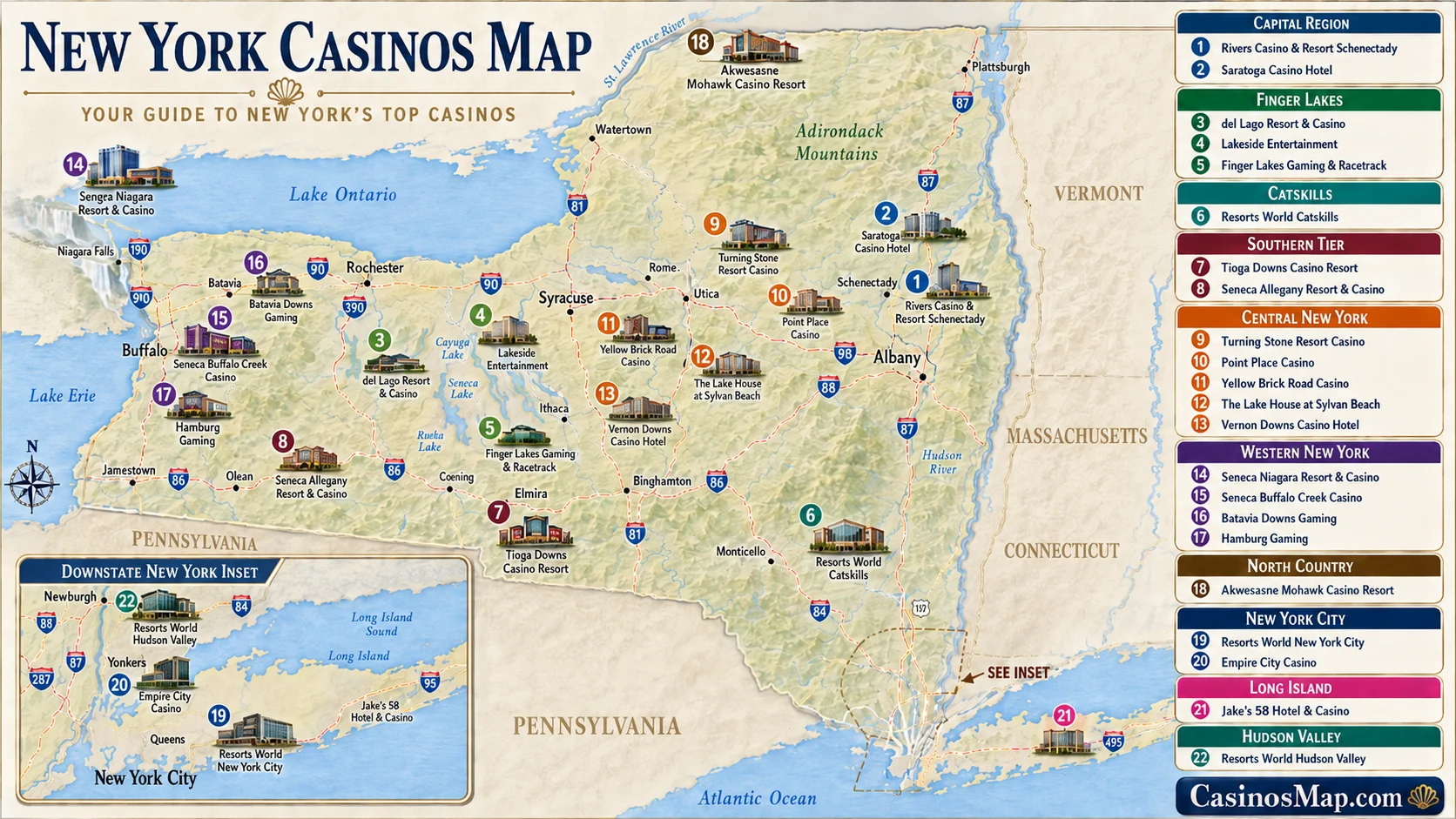 Stylized illustrated map of New York showing casinos clustered around Niagara and Buffalo, the Finger Lakes, central New York, the Capital Region, the Catskills, and downstate near New York City, not to scale.