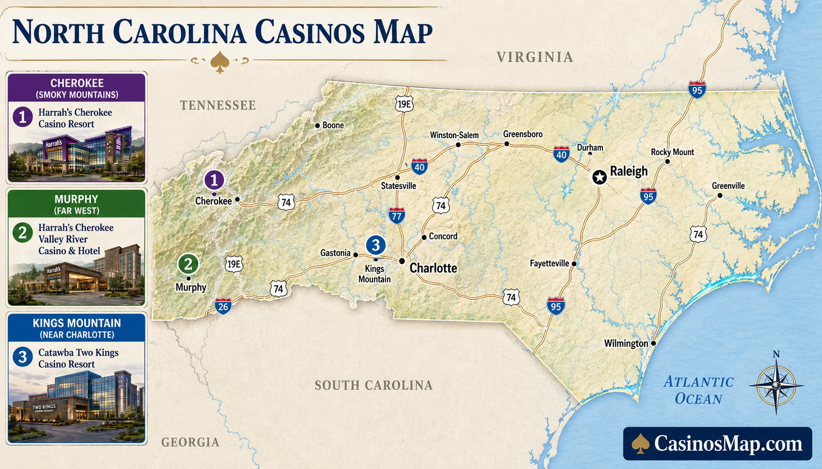 Stylized illustrated map of North Carolina showing the two Cherokee casinos in the western mountains and the Catawba Two Kings casino near Charlotte, not to scale.