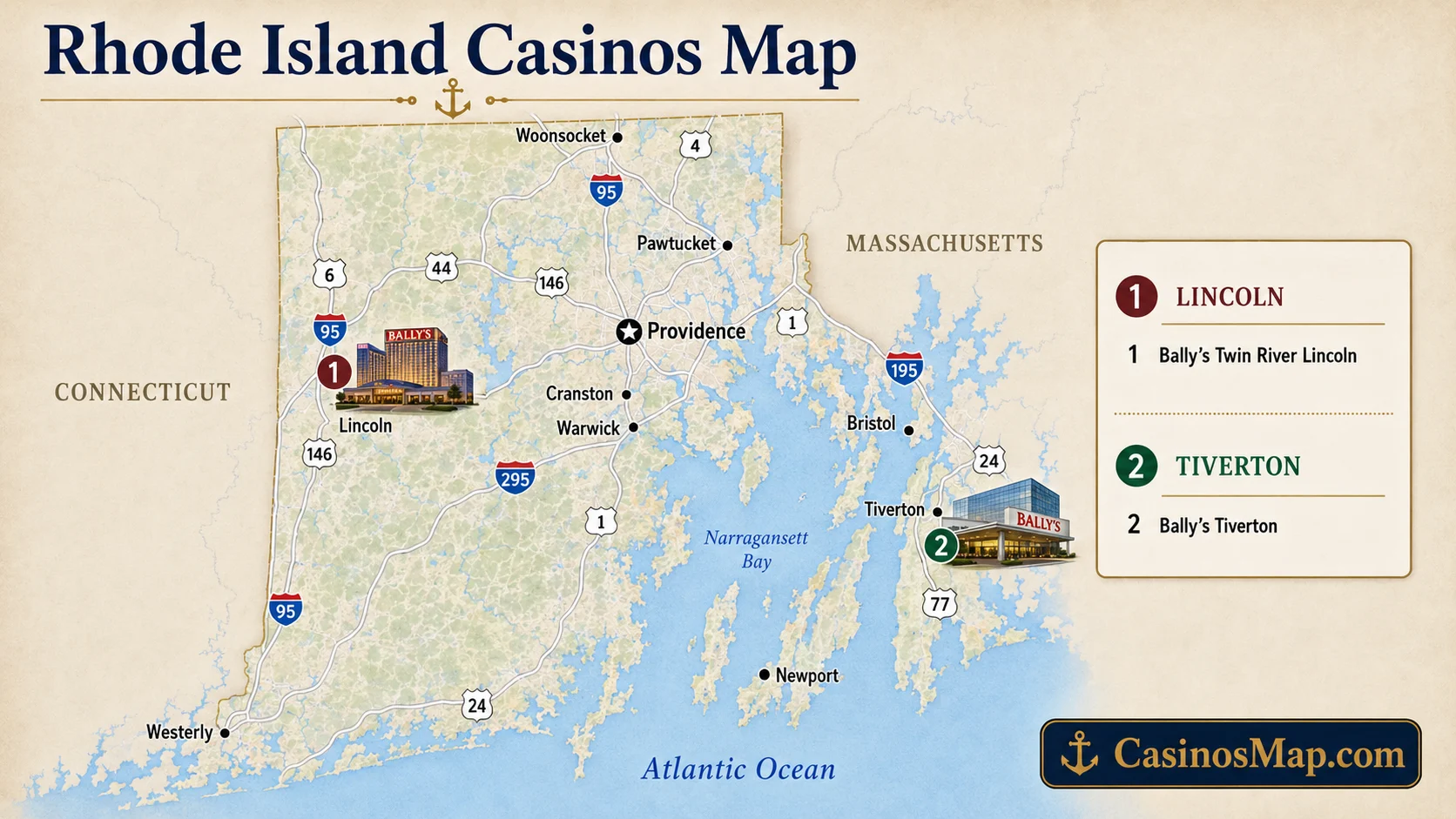 Stylized illustrated map of Rhode Island showing its two casinos, at Lincoln in the north and Tiverton in the East Bay, not to scale.