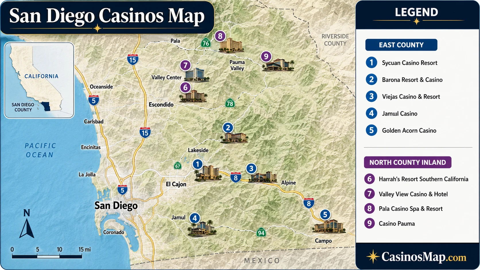 Stylized illustrated map of San Diego County showing casinos clustered in the East County hills and the North County inland valleys, not to scale.