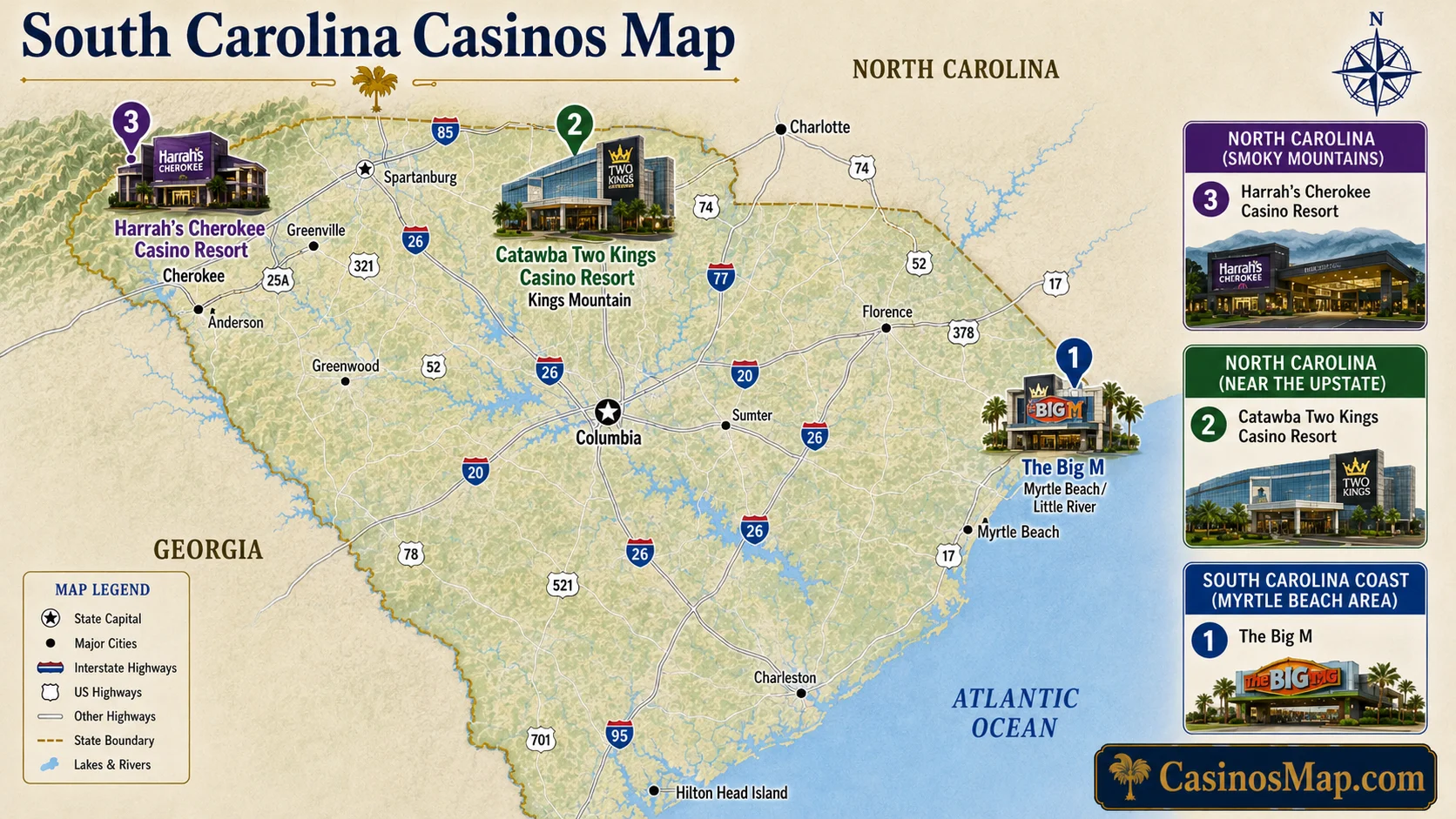 Stylized illustrated map of South Carolina showing no casinos inland, the Big M casino cruise on the coast at Little River, and the nearest casinos across the North Carolina line, not to scale.
