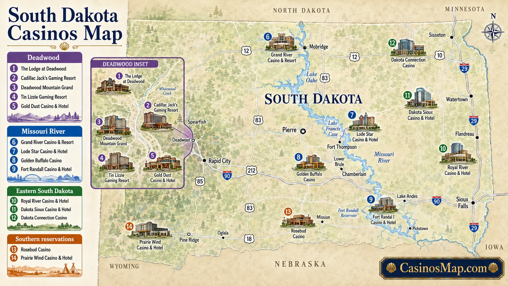 Stylized illustrated map of South Dakota showing the Deadwood casino cluster in the western Black Hills and tribal casinos along the Missouri River and across the reservations, not to scale.
