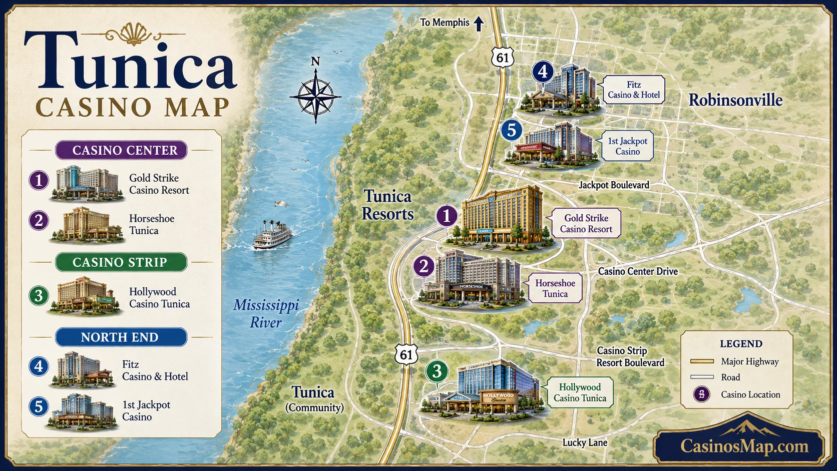 Stylized illustrated map of Tunica showing casinos along the Mississippi River south of Memphis, not to scale.