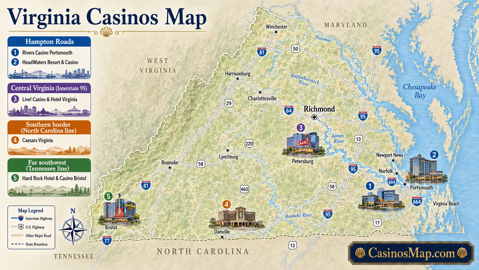 Stylized illustrated map of Virginia showing the five commercial casinos at Portsmouth, Norfolk, Petersburg, Danville, and Bristol, not to scale.
