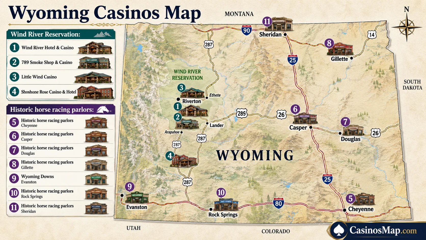 Stylized illustrated map of Wyoming showing the four Wind River tribal casinos in the center and historic horse racing parlors in the larger cities, not to scale.